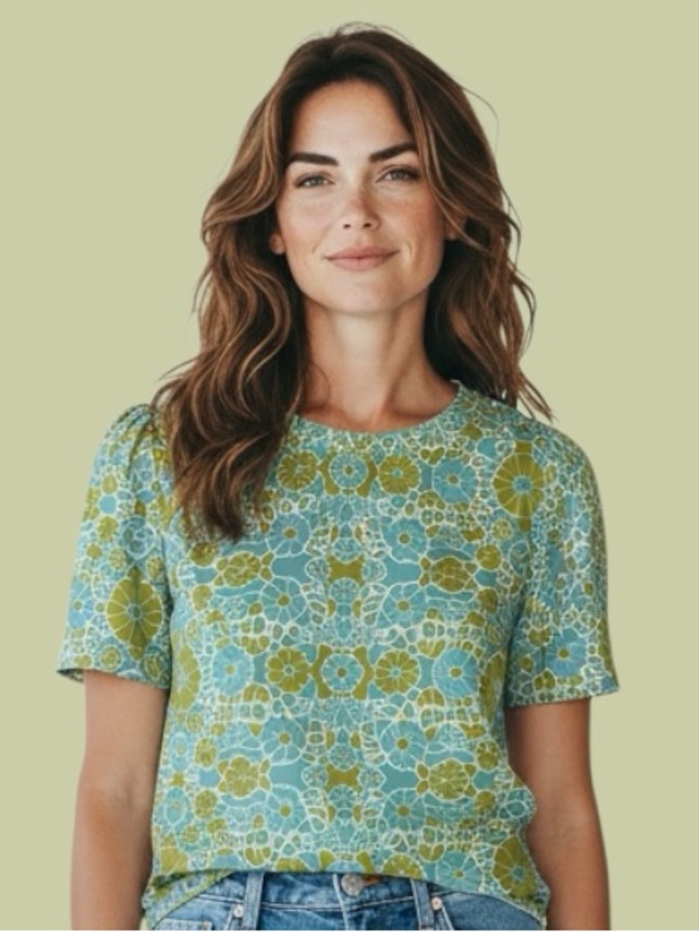 Lingua Franca LIFE IS A BANQUET Green Blue Floral Linen Blend Top Large MSRP$270